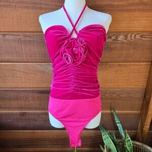 NWT Entro Womens Festival Baddie Velvet Pink Rosette Ruched Halter Bodysuit S